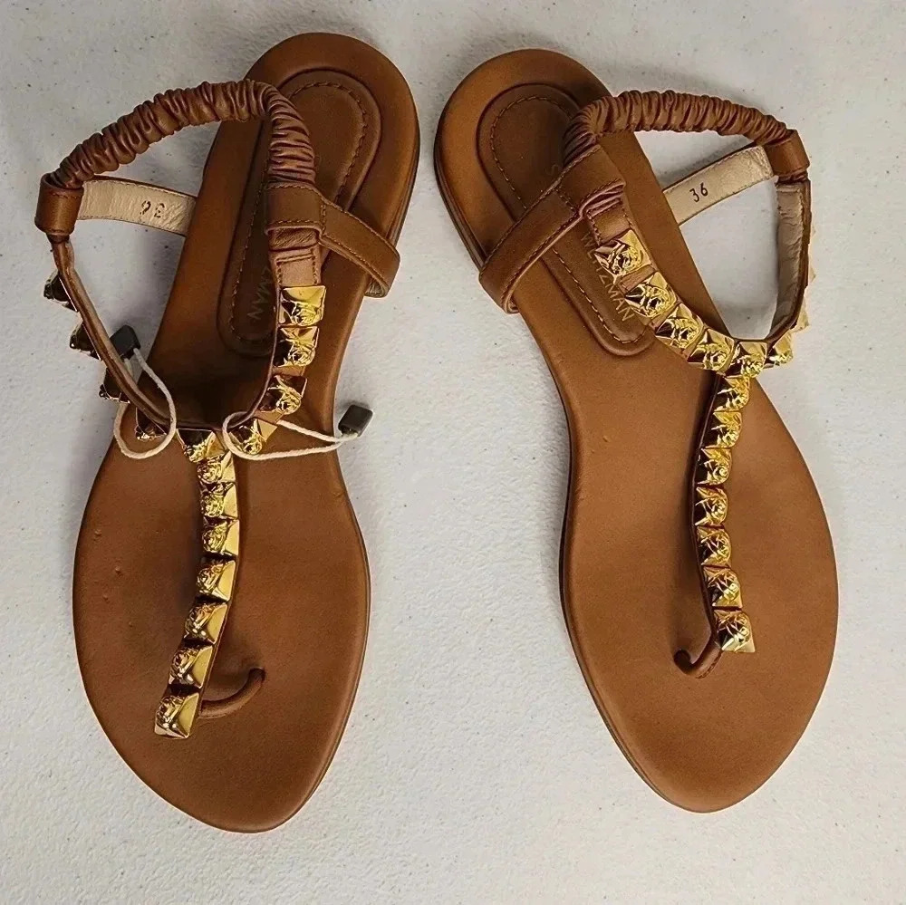 Stuart Weiztman Brown Leather Gold Rose Appliqué Thong Sandals Flats Size 36